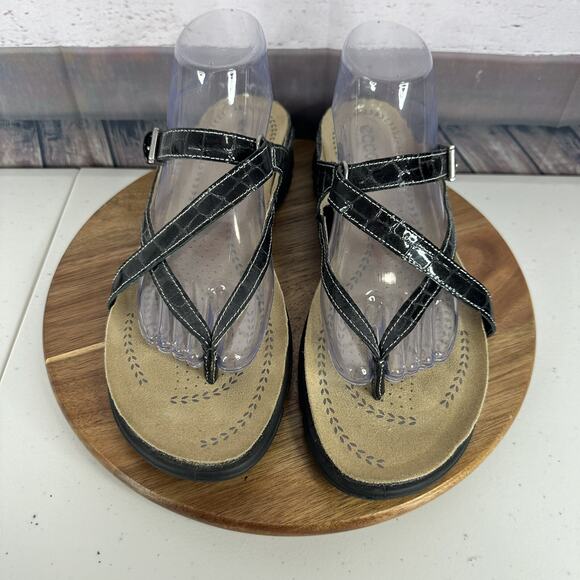 Ecco Sandal Womens 11.5 Black Leather Comfort Slip on Strappy Adustable Cork - Picture 6 of 13